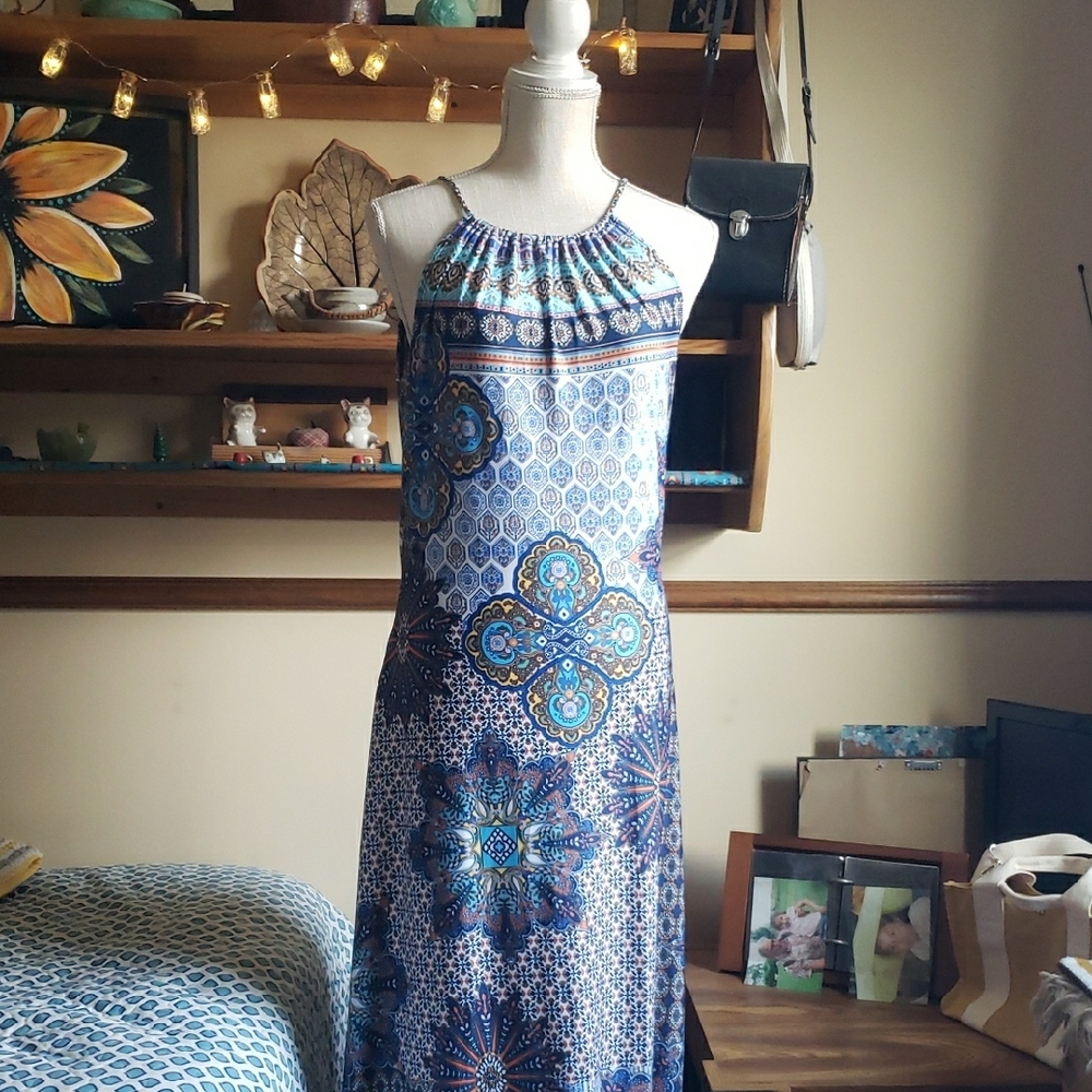 Blue and White Patterned Halter Dress